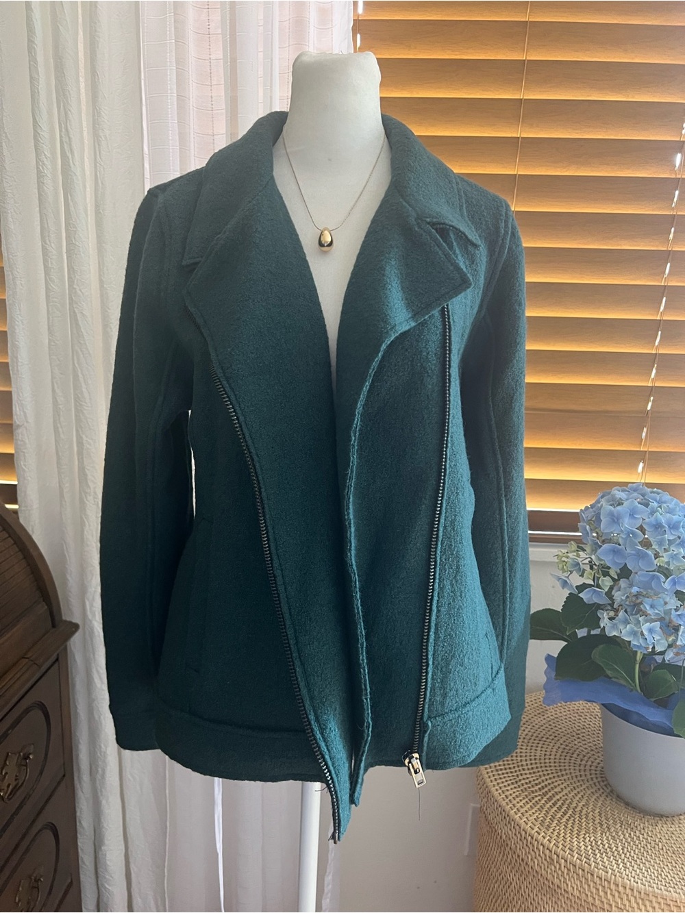 Tahari dark green Asymmetric Zip Wool-Blend Jacket